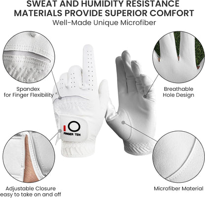 Golf Gloves Men Left Hand Rain Grip Glove for Right Handed Golfer Value 3 Pack, All Weather Durable Grip Size Small Medium Large XL White Black Blue