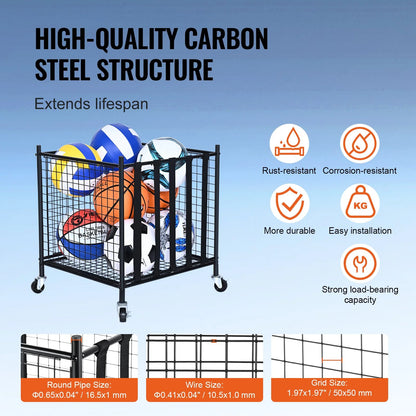 VEVOR Rolling Sports Ball Storage Cart, Lockable Basketball Cage with Elastic Straps, Sport Equipment Holder Organizer for Indoor Outdoor, Steel Storage Rack for Garages, Playgroup, Gym and Schools